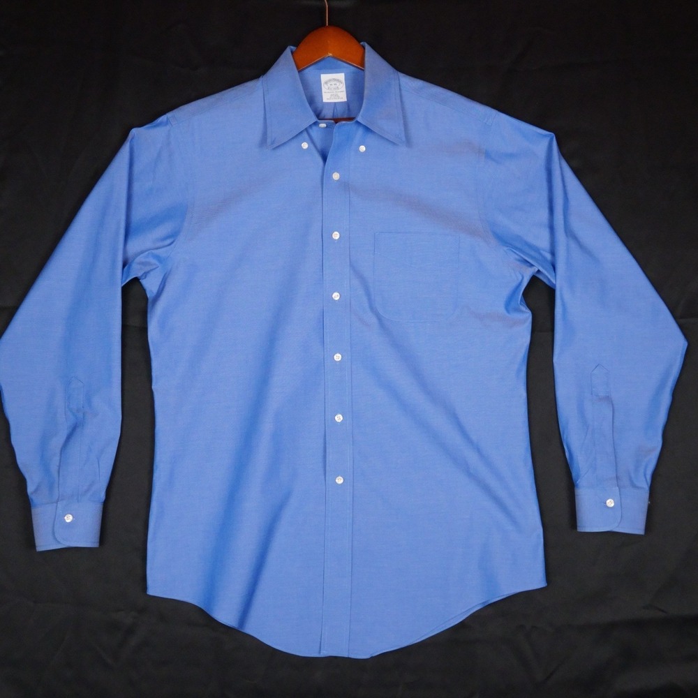 Brooks Brothers Dress Shirt Mens 16-35 Blue Slim Fit Non-Iron Cotton Long Sleeve